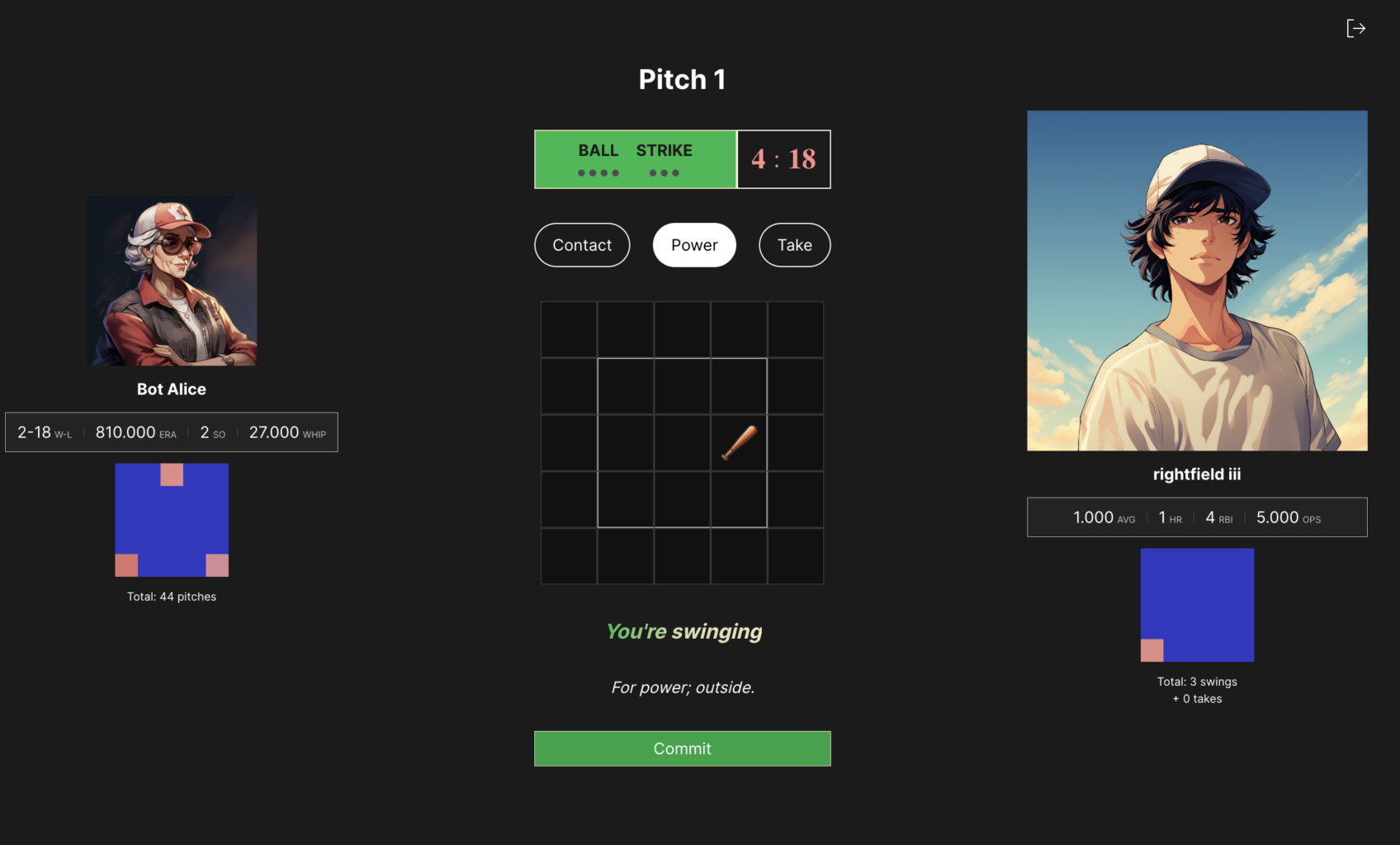 An image of the game UI with the pitcher on the left, the batter on the right, and a square 5x5 grid in the middle.